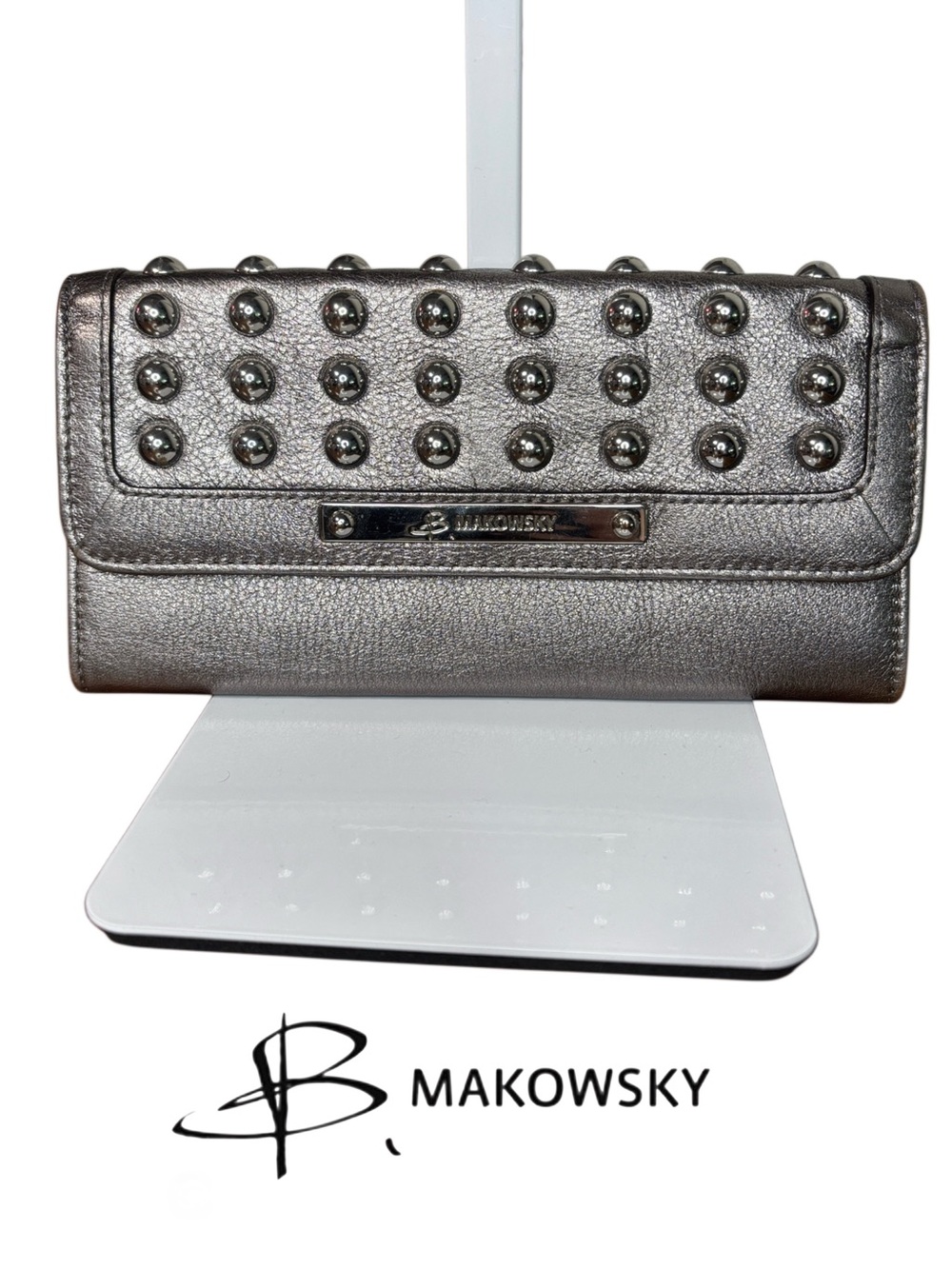 B. Makowsky Studded Genuine Leather  Metallic Wallet/Clutch in Silver